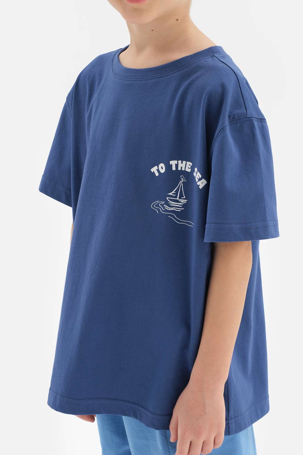 BLUE SLOGAN DETAILED CREW-NECK SHORT SLEEVE T-SHIRT SHORTS PAJAMA SUIT