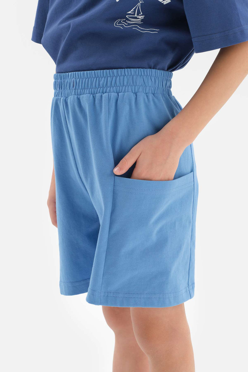 BLUE SLOGAN DETAILED CREW-NECK SHORT SLEEVE T-SHIRT SHORTS PAJAMA SUIT