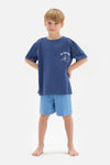 BLUE SLOGAN DETAILED CREW-NECK SHORT SLEEVE T-SHIRT SHORTS PAJAMA SUIT