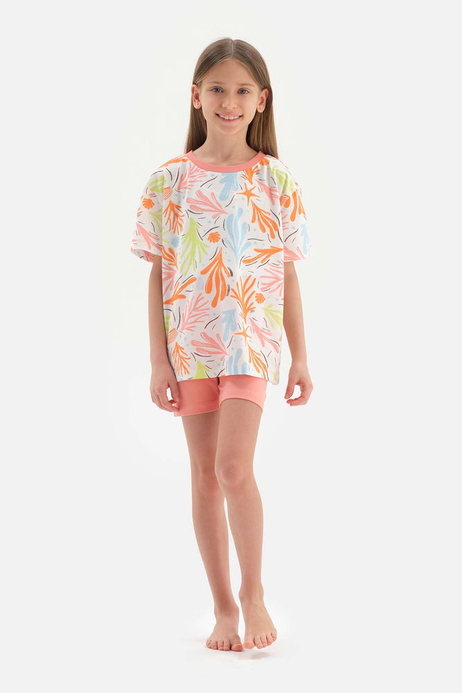 MULTICOLOUR CORAL PRINTED SHORT SLEEVE T-SHIRT SHORTS PAJAMAS SUIT