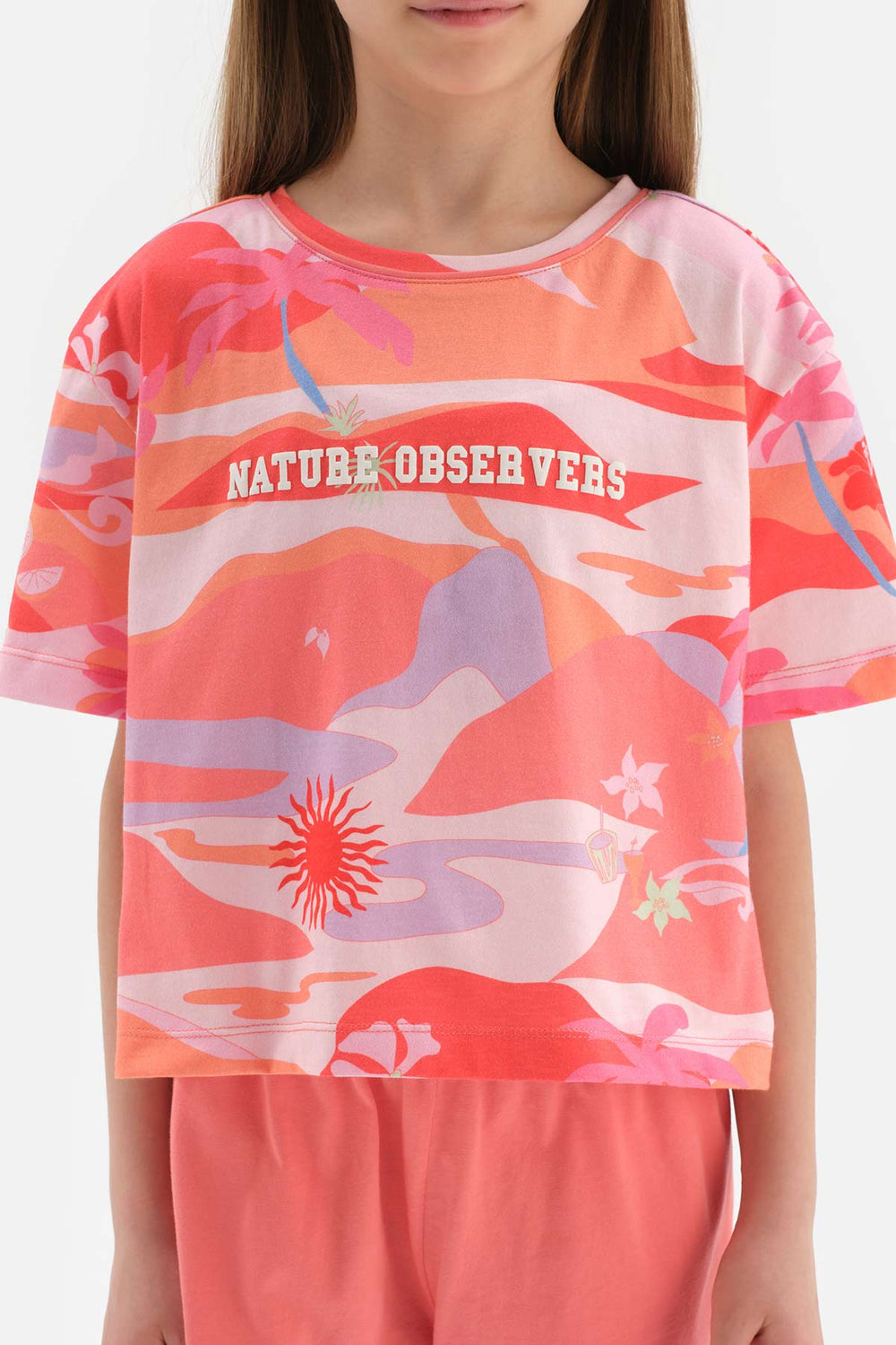 PINK SIZE PRINTED SLOGAN DETAILED SHORT SLEEVE T-SHIRT SHORTS PAJAMA SUIT