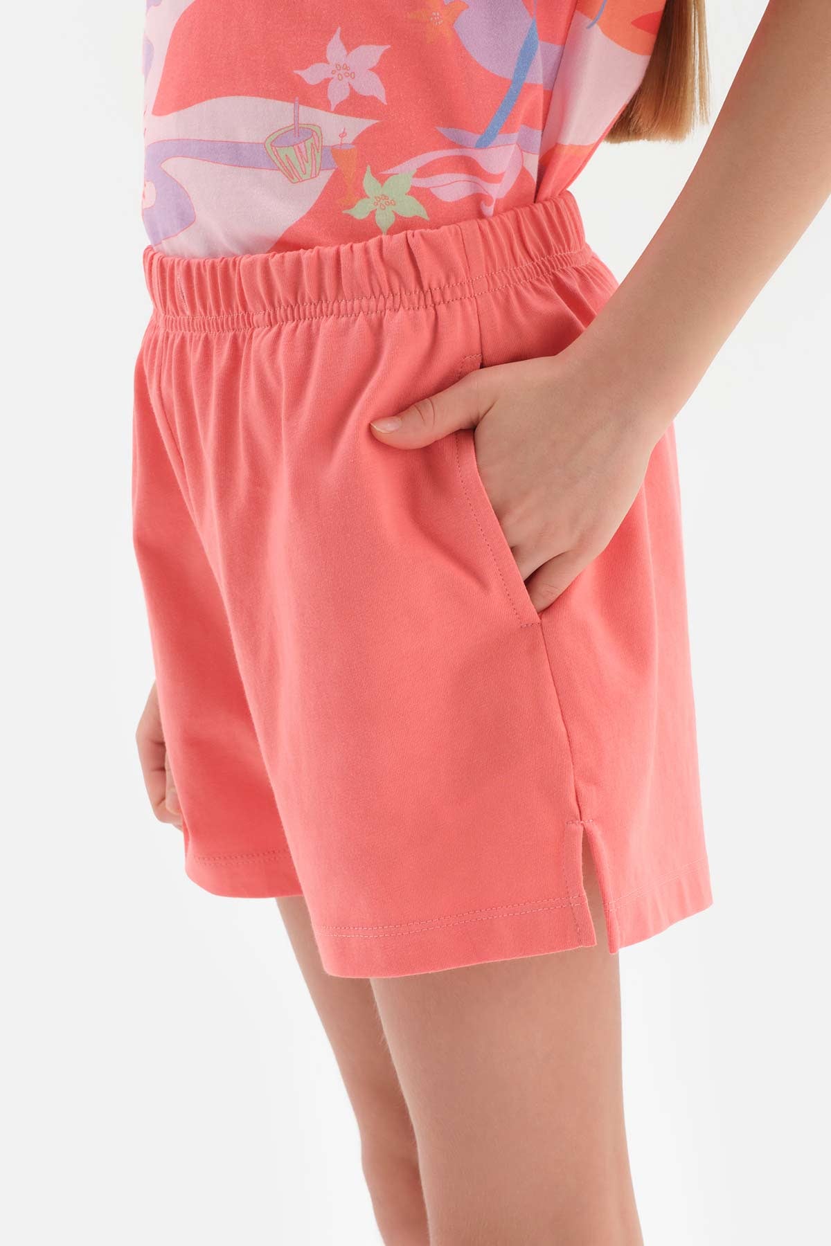 PINK SIZE PRINTED SLOGAN DETAILED SHORT SLEEVE T-SHIRT SHORTS PAJAMA SUIT