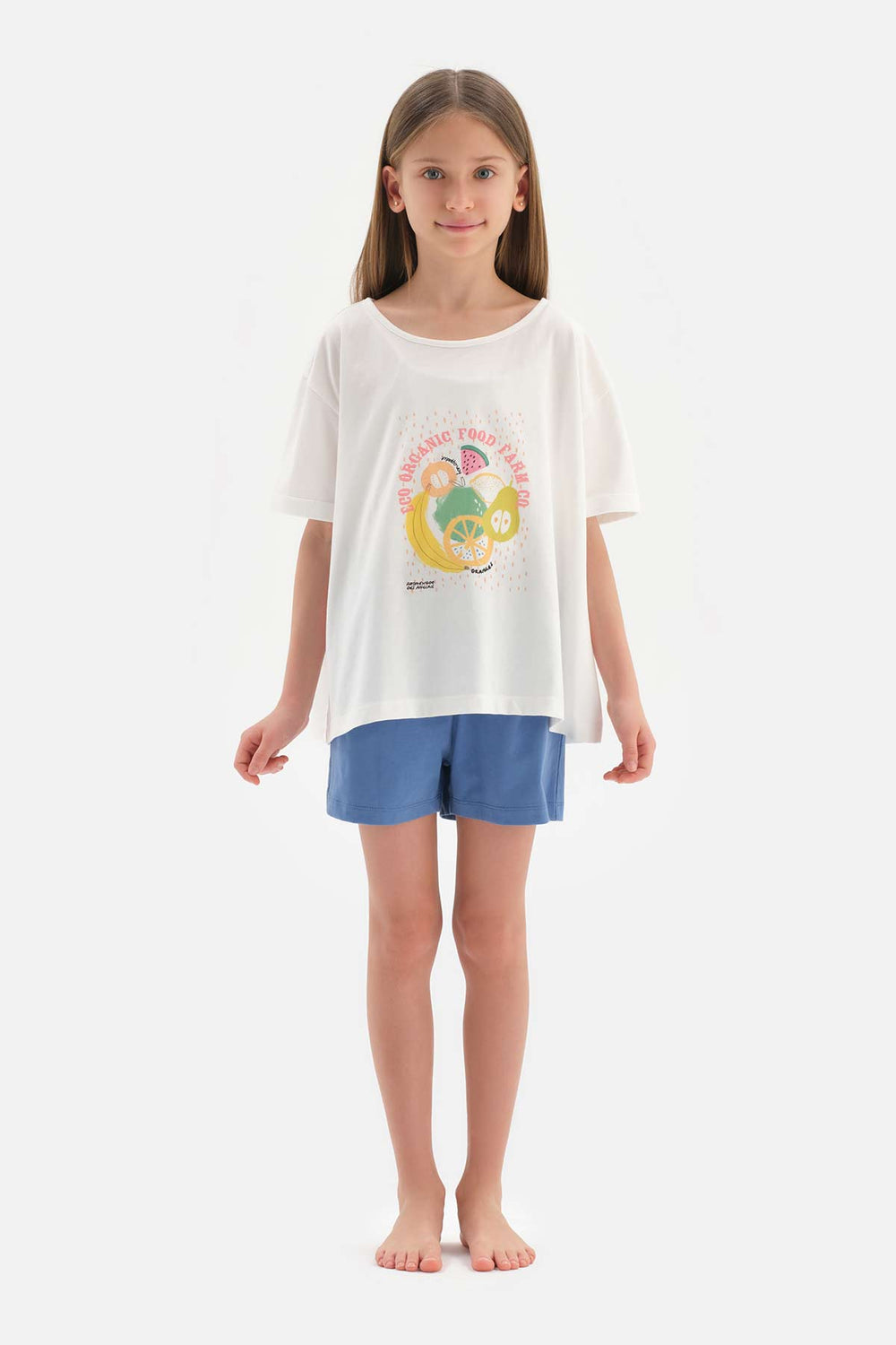 WHITE PRINT DETAILED SHORT SLEEVE T-SHIRT SHORTS PAJAMAS SUIT