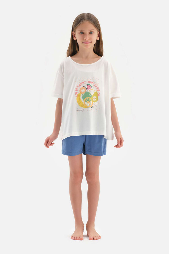 WHITE PRINT DETAILED SHORT SLEEVE T-SHIRT SHORTS PAJAMAS SUIT