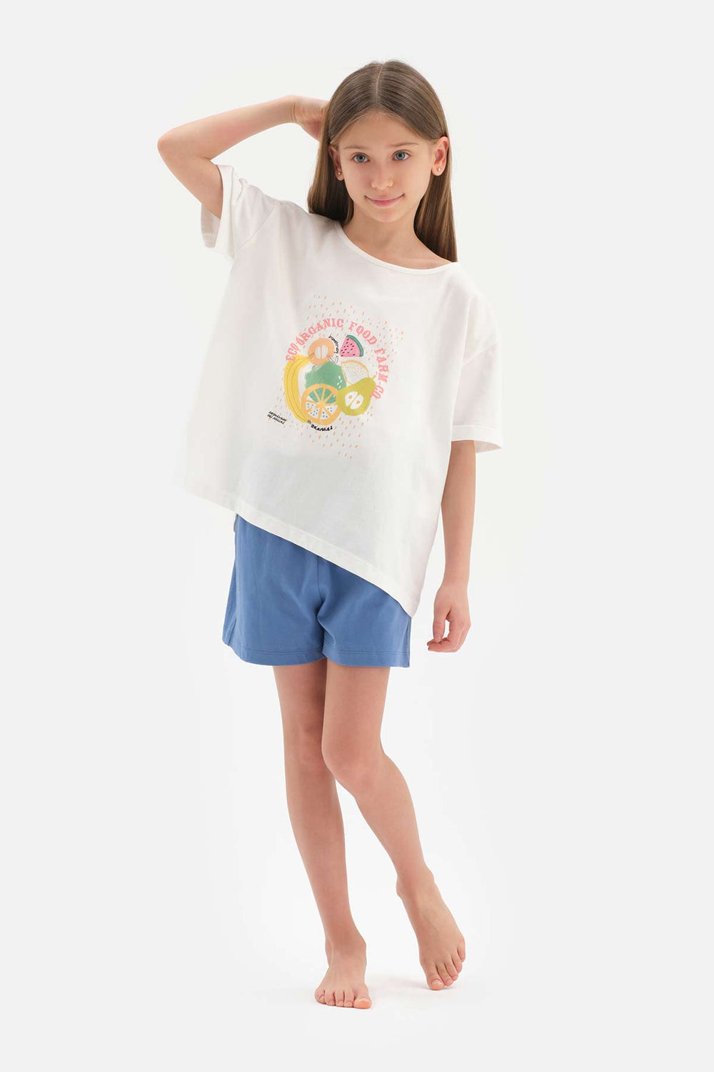 WHITE PRINT DETAILED SHORT SLEEVE T-SHIRT SHORTS PAJAMAS SUIT