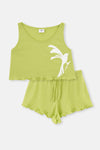 GREEN BIRD PRINT KNITTED TRACKER SHORTS PAJAMAS SUIT