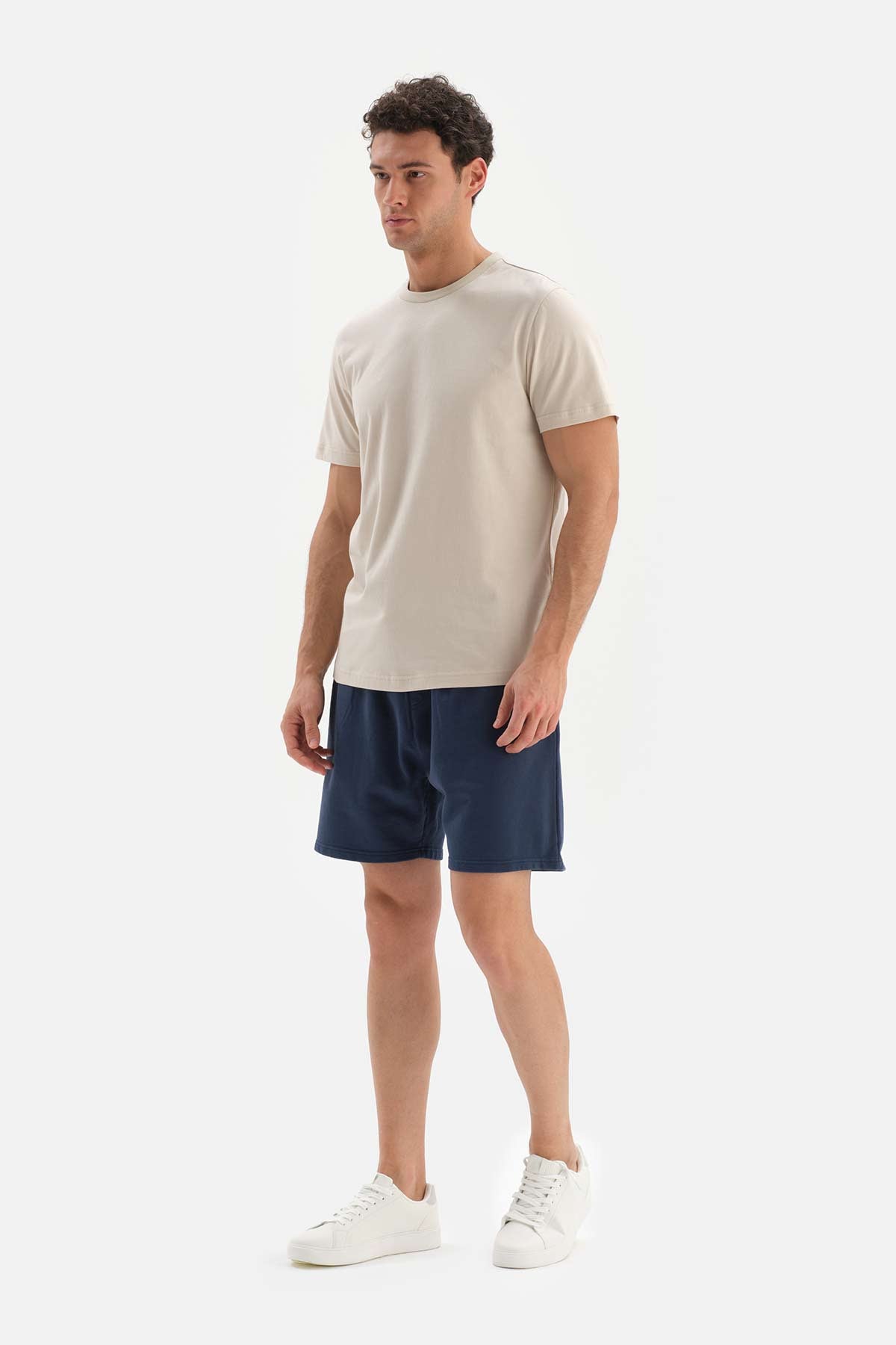 BEIGE CREW-NECK COTTON INTERLOCK SHORT SLEEVE T-SHIRT