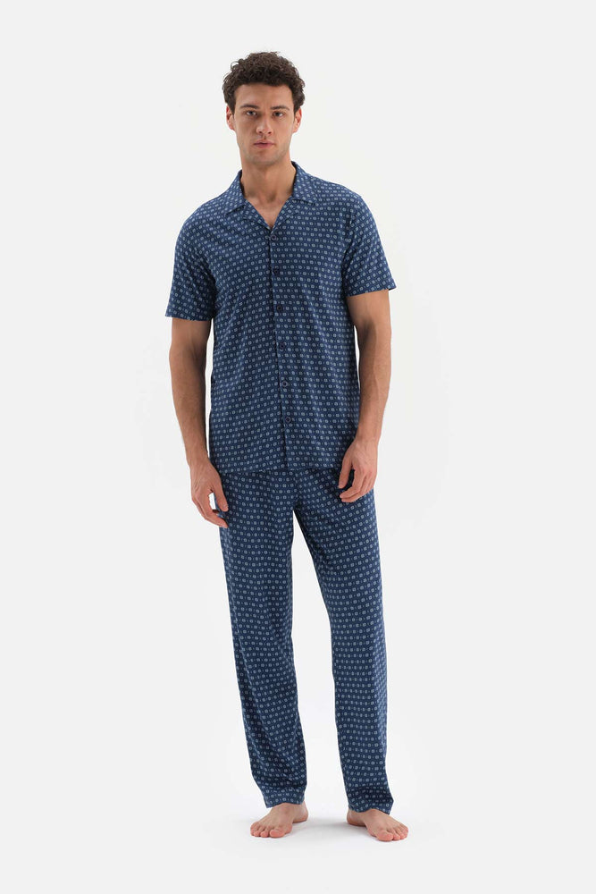 NAVY SHIRT COLLAR PRINTED PAJAMAS