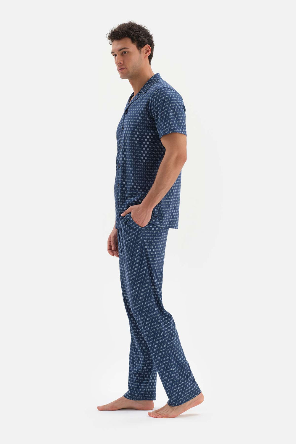 NAVY SHIRT COLLAR PRINTED PAJAMAS