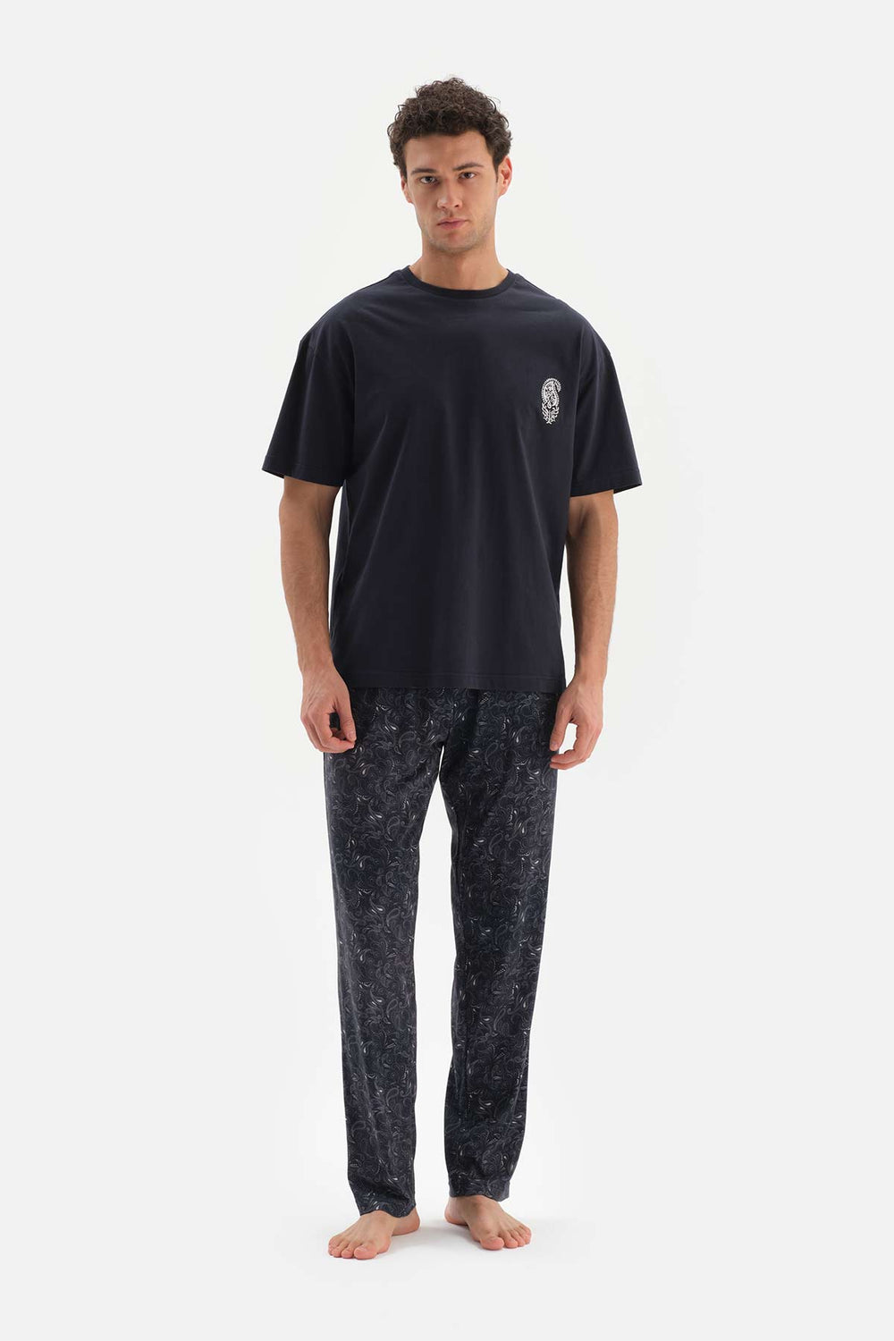 NAVY CREW-NECK PATTERNED KNITTED PAJAMAS