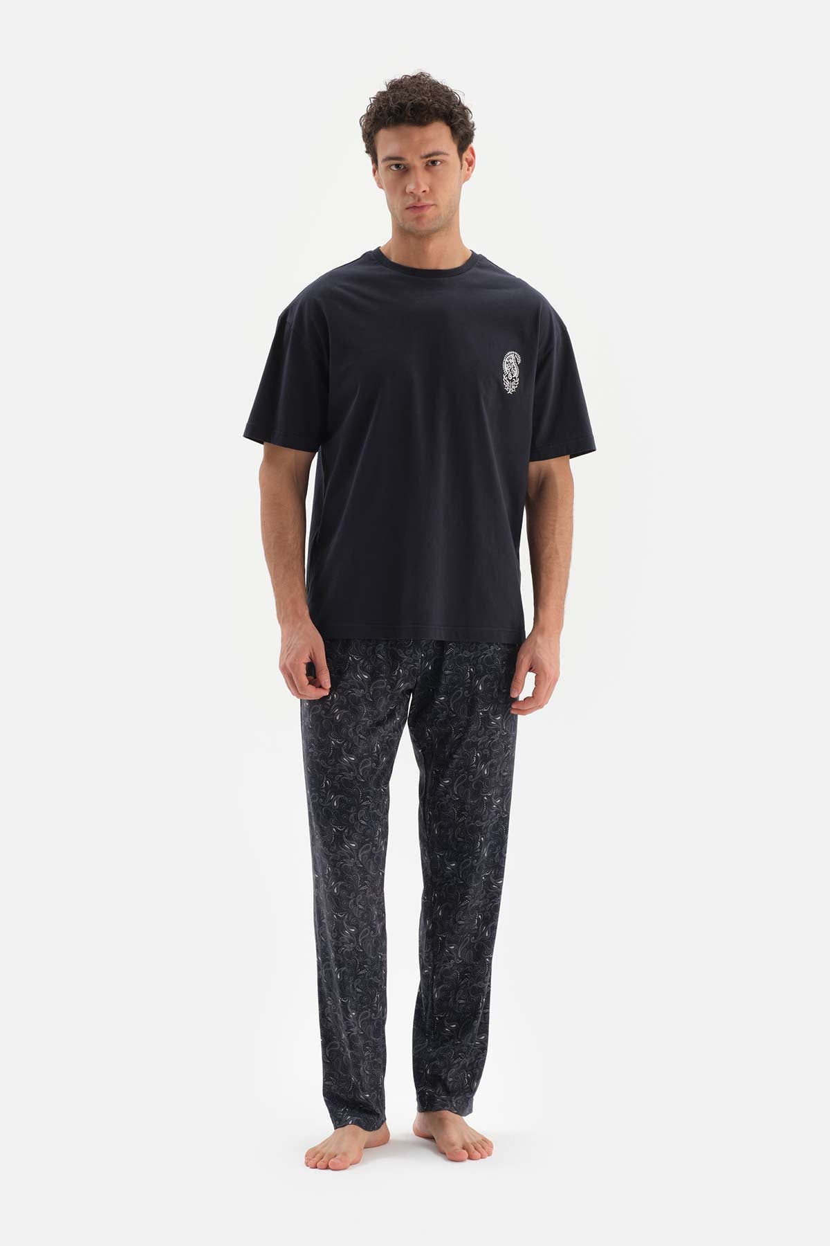 NAVY CREW-NECK PATTERNED KNITTED PAJAMAS