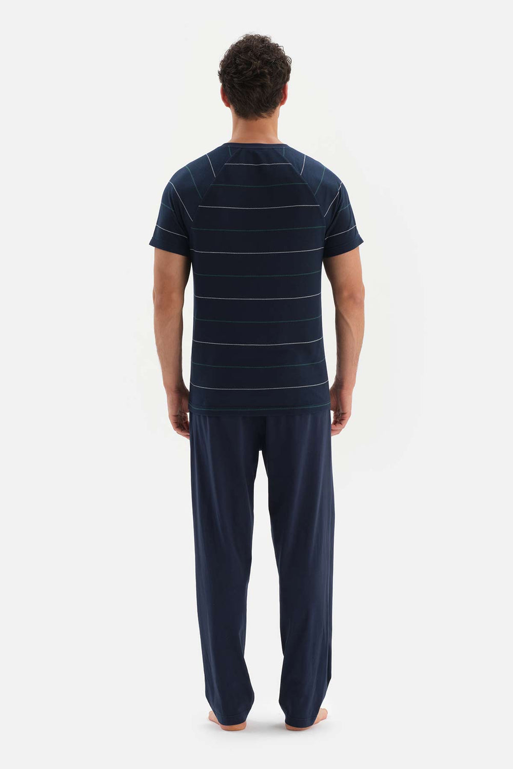 NAVY HALF-PLOT STRIPED JACQUARD KNITTED PAJAMAS