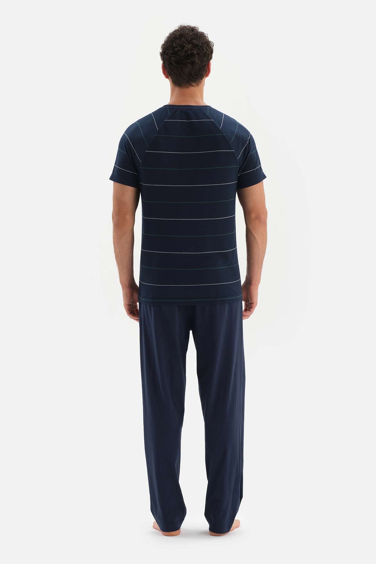 NAVY HALF-PLOT STRIPED JACQUARD KNITTED PAJAMAS