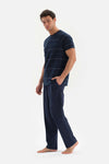NAVY HALF-PLOT STRIPED JACQUARD KNITTED PAJAMAS