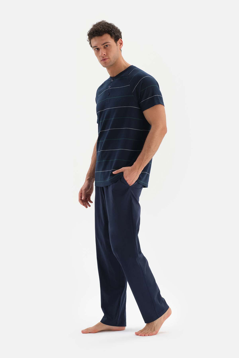 NAVY HALF-PLOT STRIPED JACQUARD KNITTED PAJAMAS