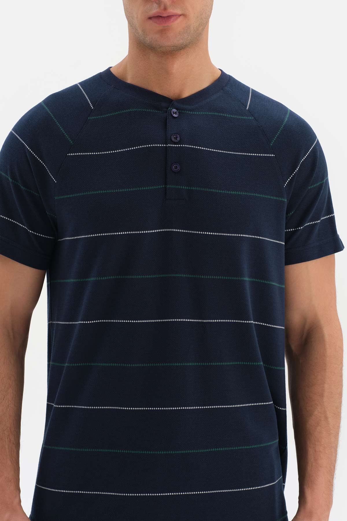 NAVY HALF-PLOT STRIPED JACQUARD KNITTED PAJAMAS