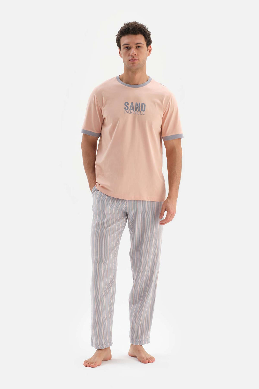 SALMON CREW-NECK PRINTED TOP STRIPED WOVEN BOTTOM PAJAMAS SUIT