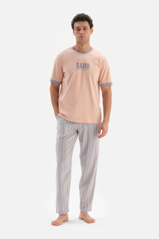 SALMON CREW-NECK PRINTED TOP STRIPED WOVEN BOTTOM PAJAMAS SUIT