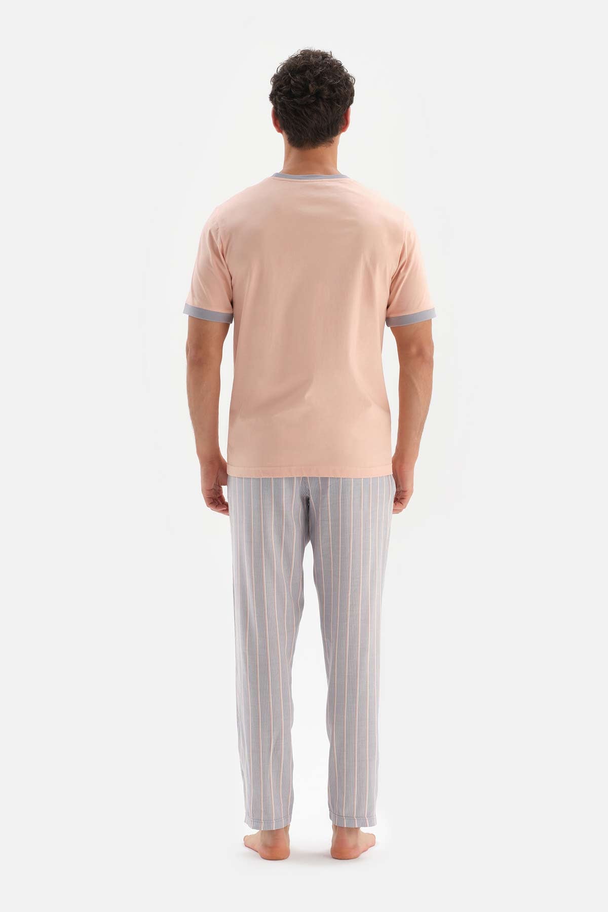 SALMON CREW-NECK PRINTED TOP STRIPED WOVEN BOTTOM PAJAMAS SUIT