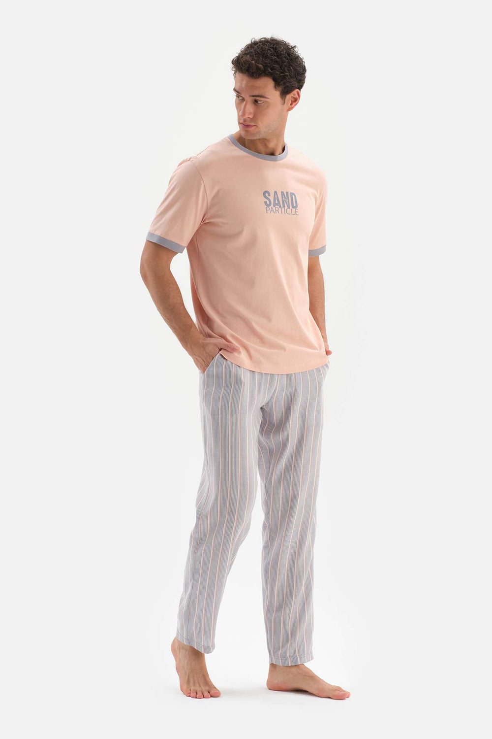 SALMON CREW-NECK PRINTED TOP STRIPED WOVEN BOTTOM PAJAMAS SUIT