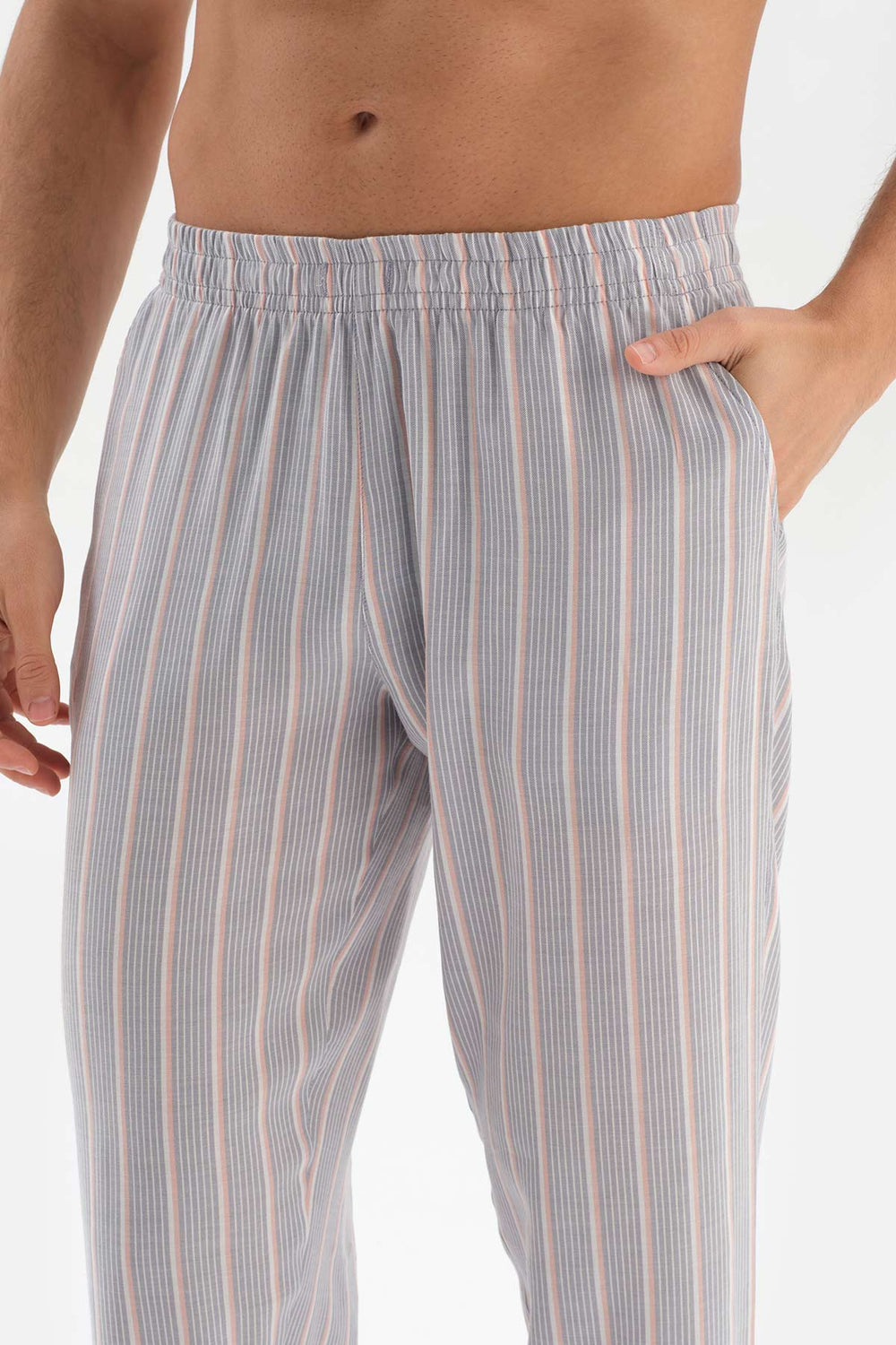 SALMON CREW-NECK PRINTED TOP STRIPED WOVEN BOTTOM PAJAMAS SUIT