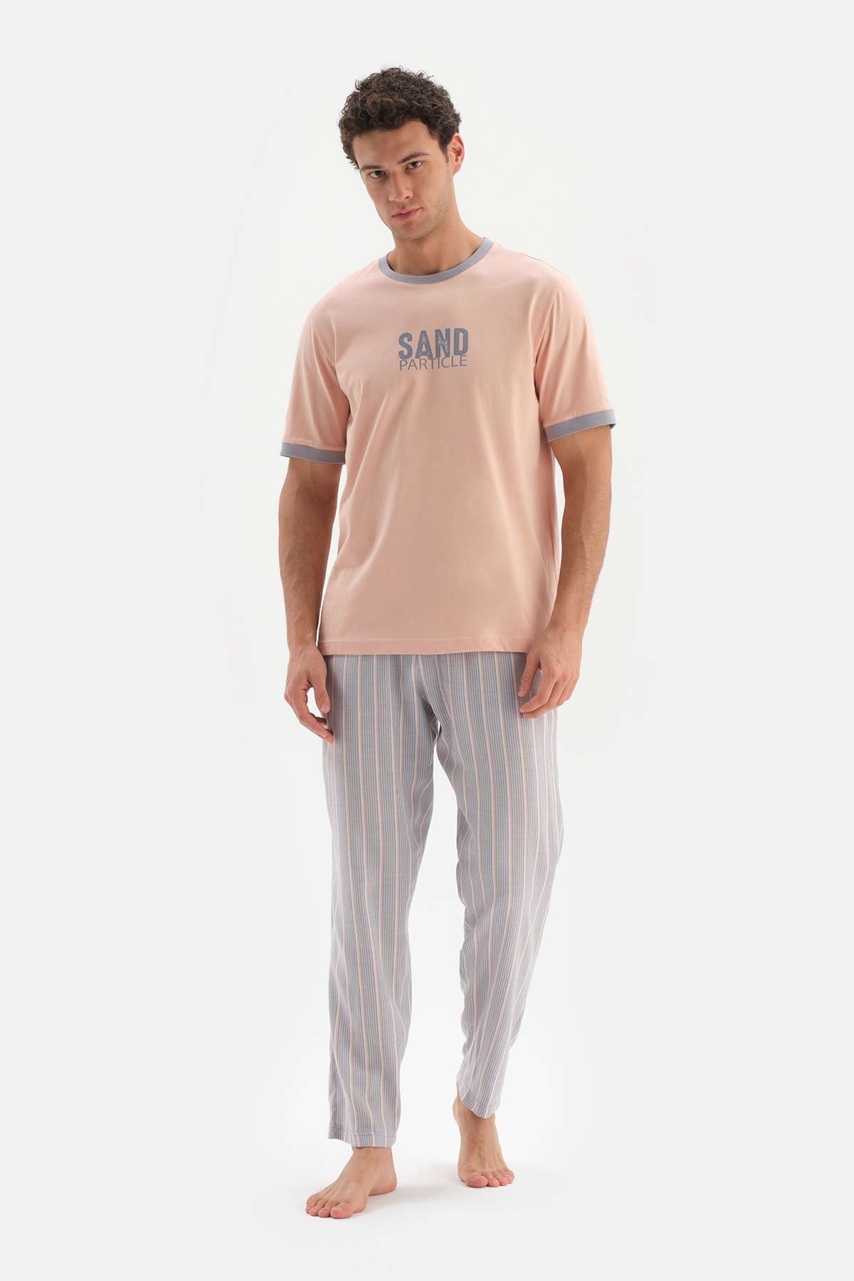SALMON CREW-NECK PRINTED TOP STRIPED WOVEN BOTTOM PAJAMAS SUIT
