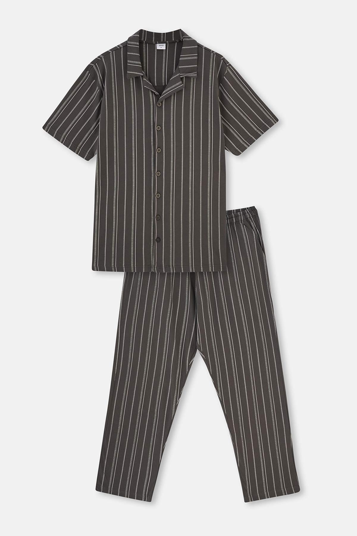 ANTHRACITE SHIRT COLLAR STRIPED KNITTED PAJAMAS SUIT