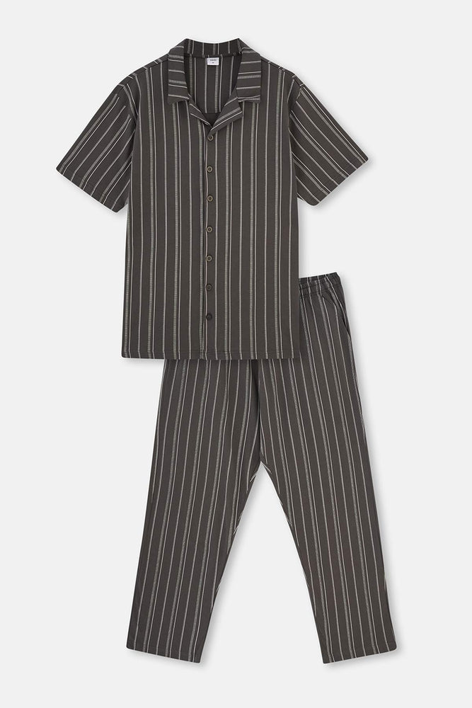 ANTHRACITE SHIRT COLLAR STRIPED KNITTED PAJAMAS SUIT