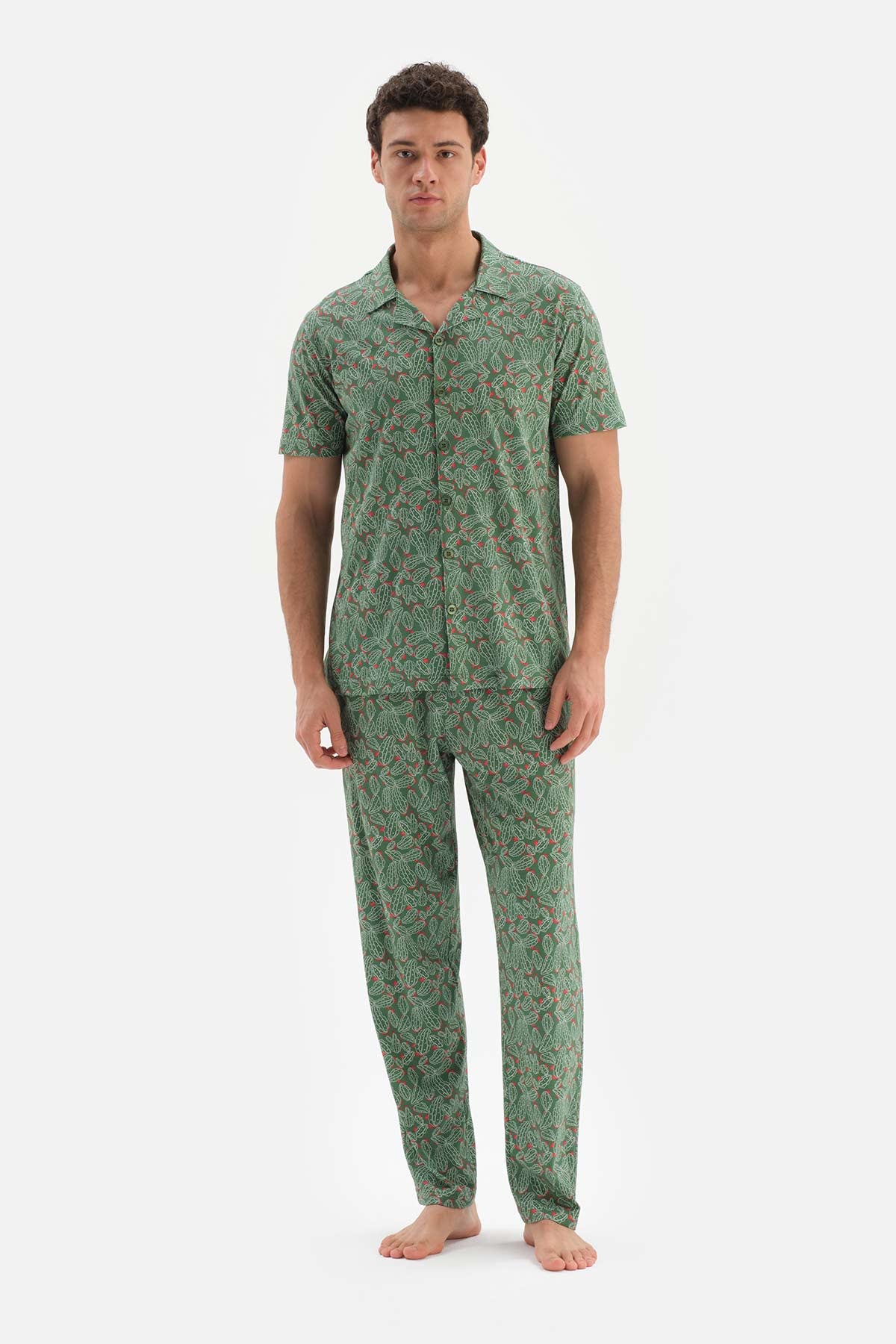 GREEN SHIRT COLLAR PRINTED COTTON MODAL PAJAMAS SUIT