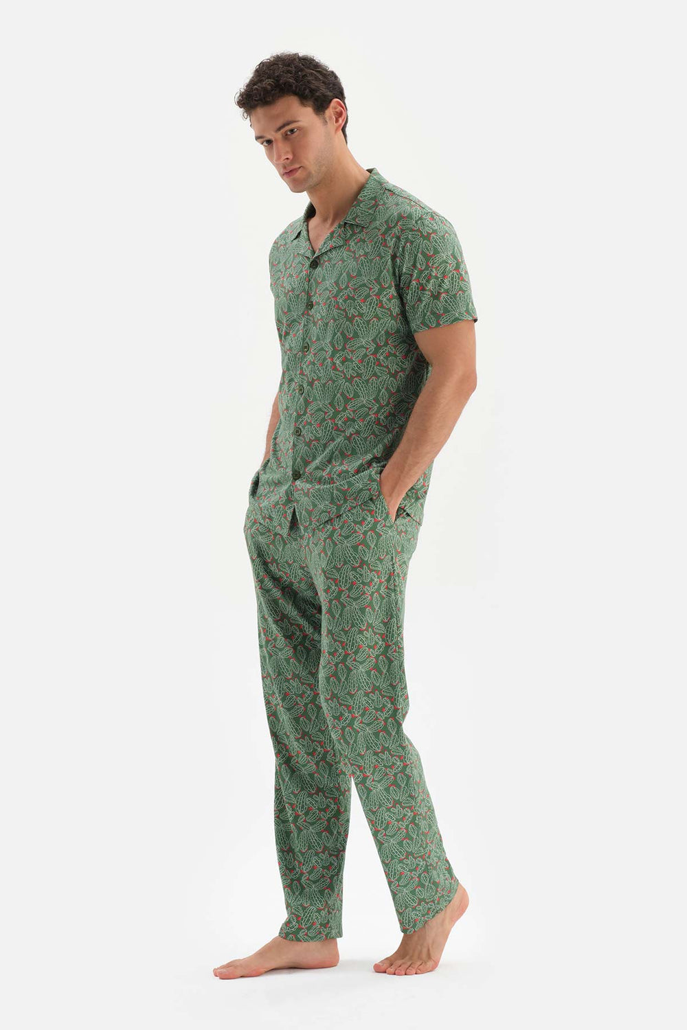 GREEN SHIRT COLLAR PRINTED COTTON MODAL PAJAMAS SUIT