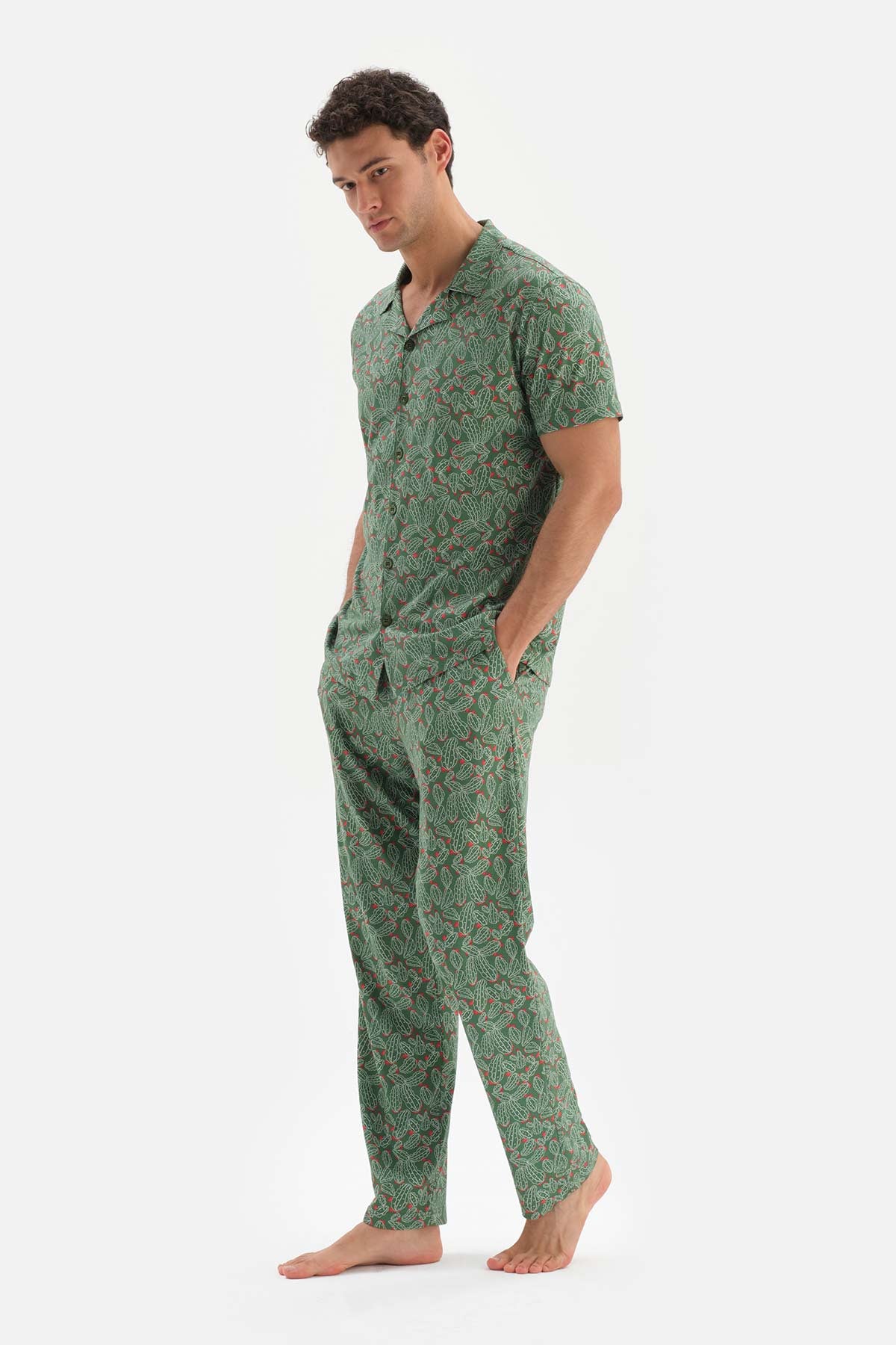 GREEN SHIRT COLLAR PRINTED COTTON MODAL PAJAMAS SUIT