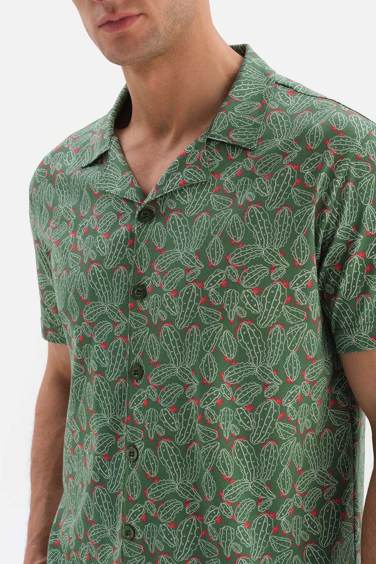 GREEN SHIRT COLLAR PRINTED COTTON MODAL PAJAMAS SUIT