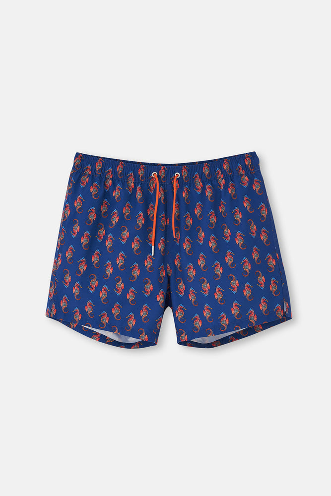 Lacivert Deniz Atı Desenli Kısa Deniz Şortu