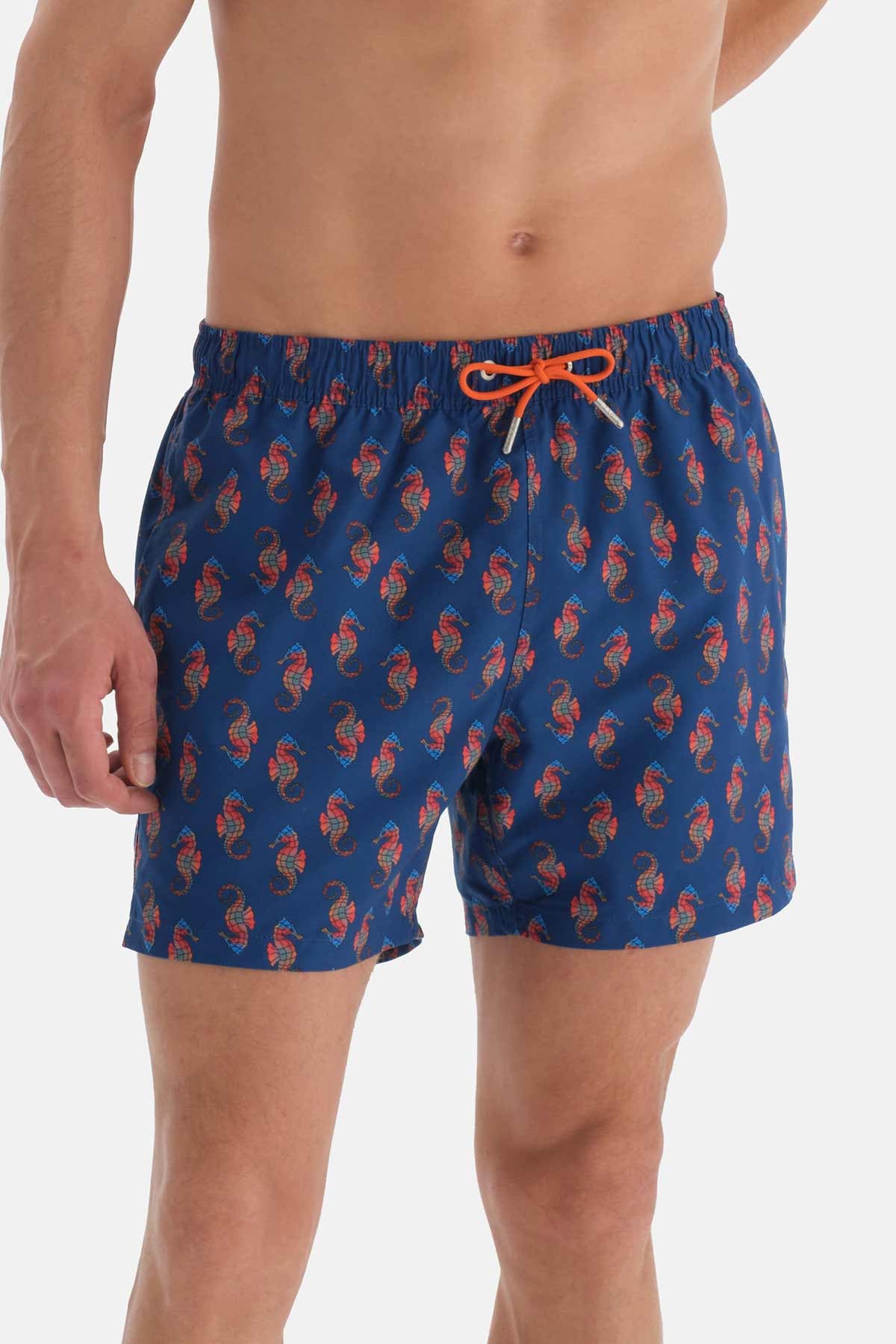 Lacivert Deniz Atı Desenli Kısa Deniz Şortu