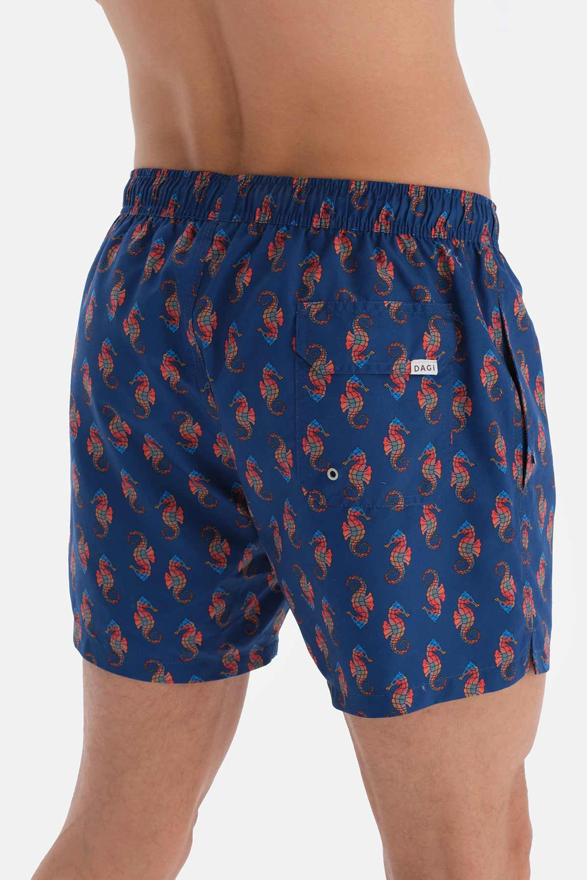Lacivert Deniz Atı Desenli Kısa Deniz Şortu