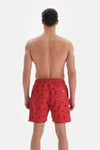 Kırmızı Palmiye Nakışlı Orta Deniz Şortu