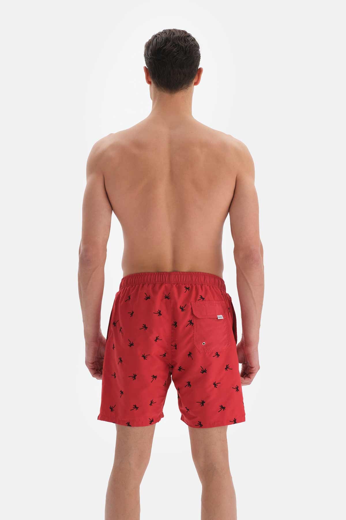 Kırmızı Palmiye Nakışlı Orta Deniz Şortu