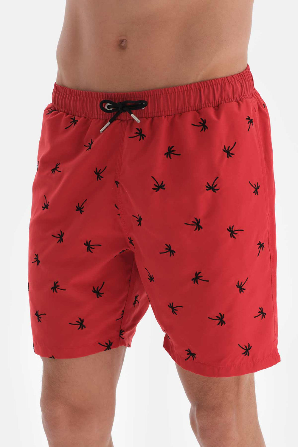 Kırmızı Palmiye Nakışlı Orta Deniz Şortu