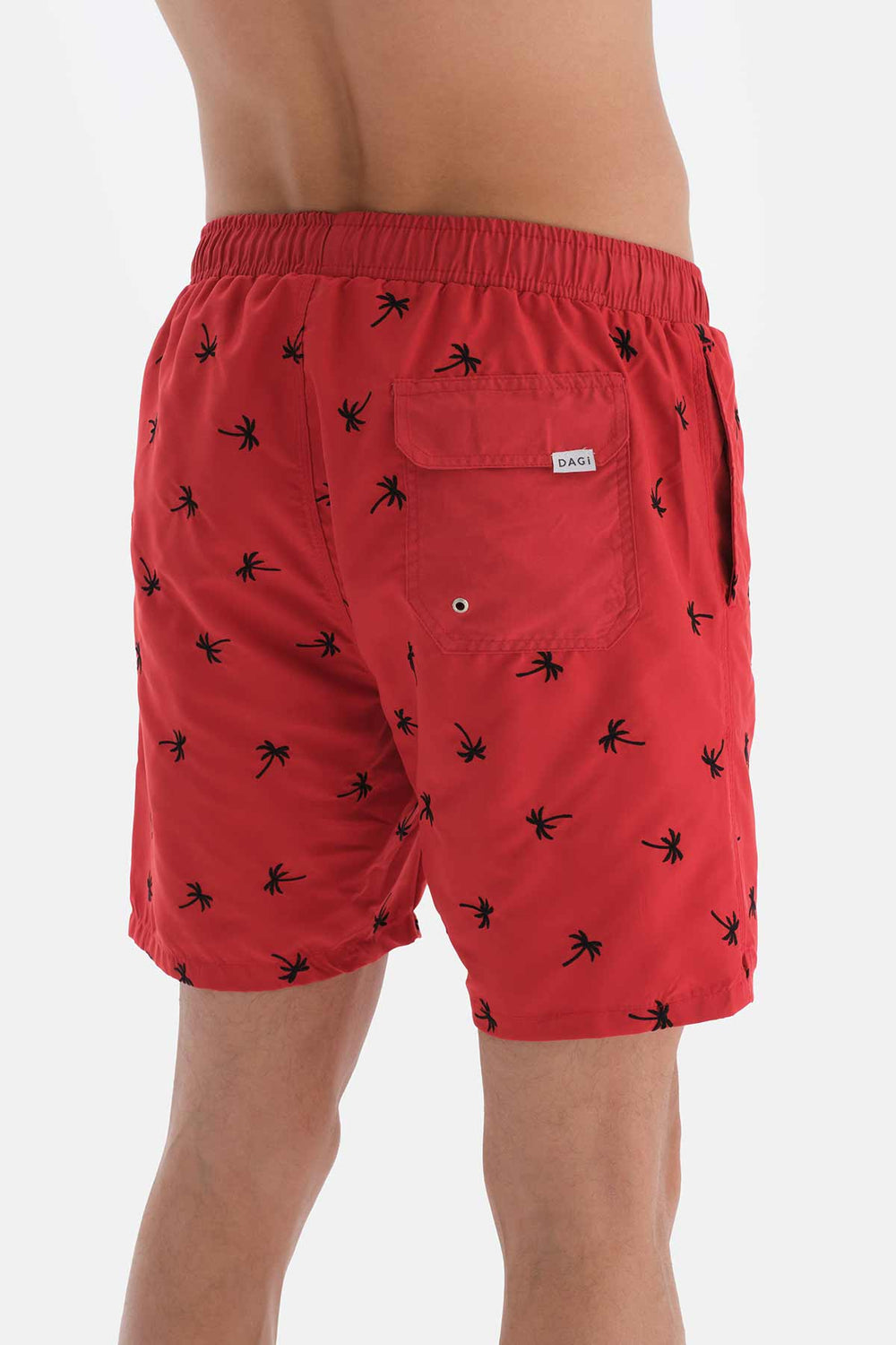 Kırmızı Palmiye Nakışlı Orta Deniz Şortu