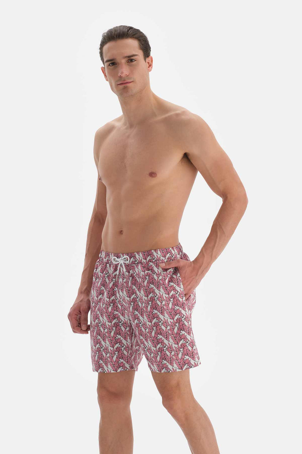 Pembe - Ekru Zürafa Desenli Orta Deniz Şortu