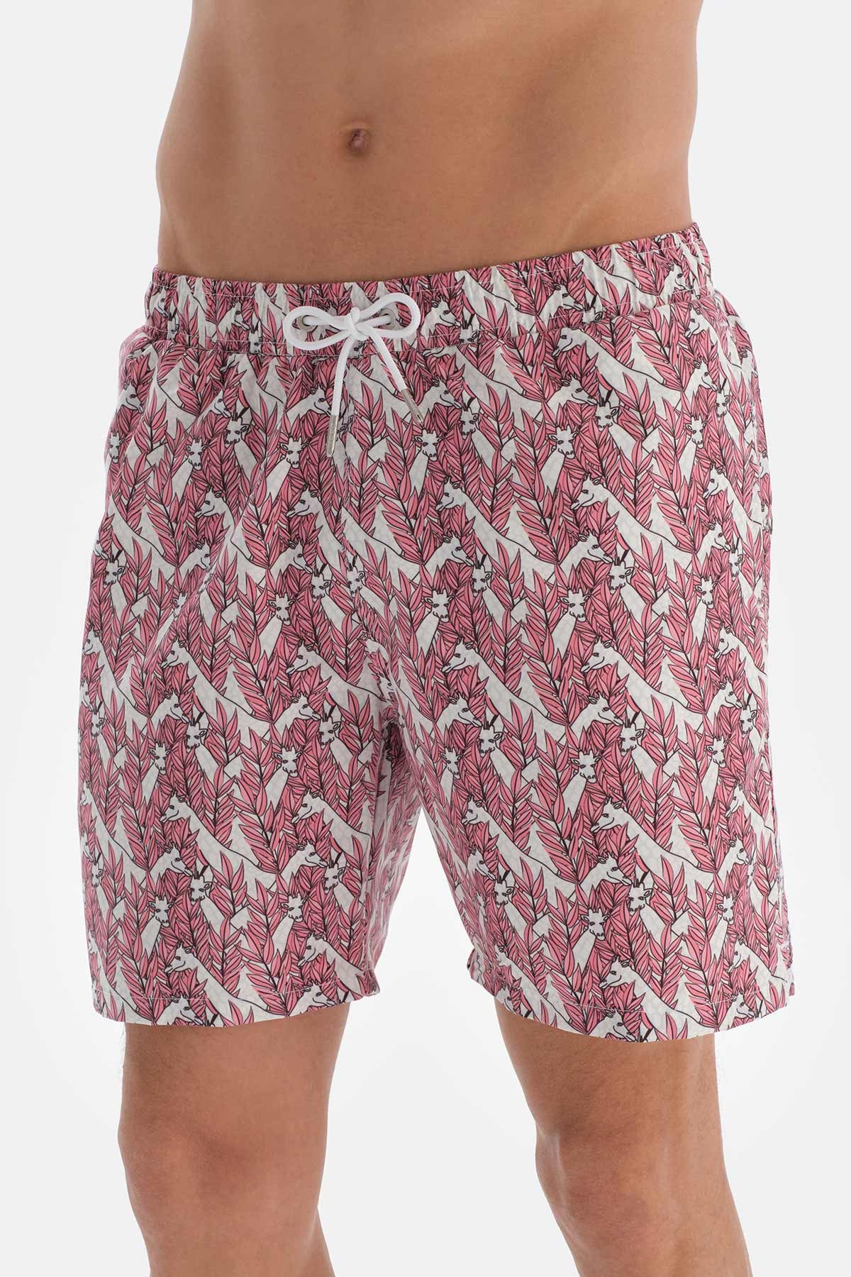 Pembe - Ekru Zürafa Desenli Orta Deniz Şortu