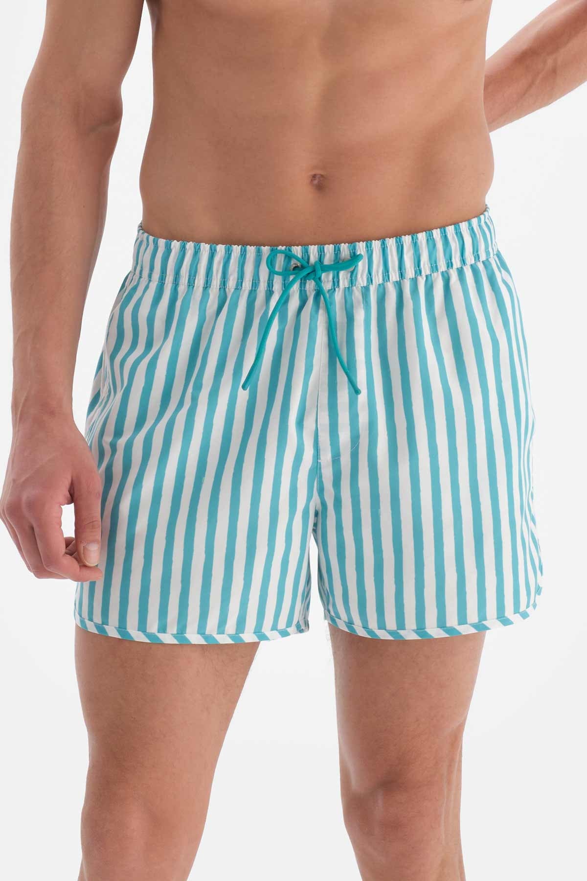 Yeşil-Beyaz Çizgili Mini Deniz Şortu