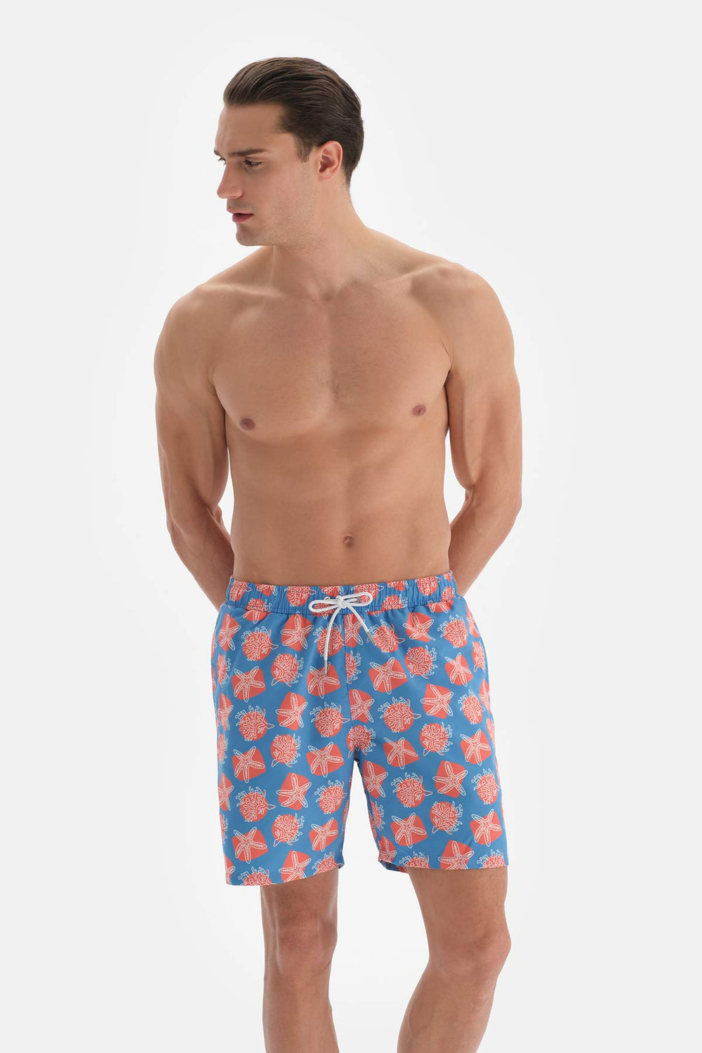 Mavi-Somon Desenli Orta Deniz Şortu