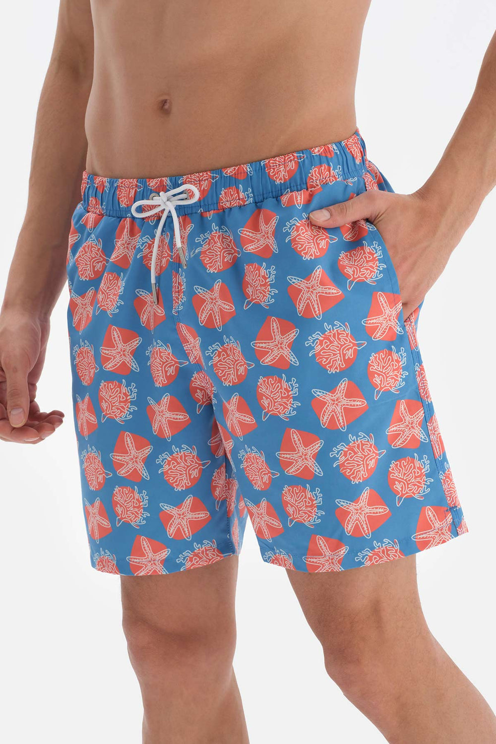 Mavi-Somon Desenli Orta Deniz Şortu