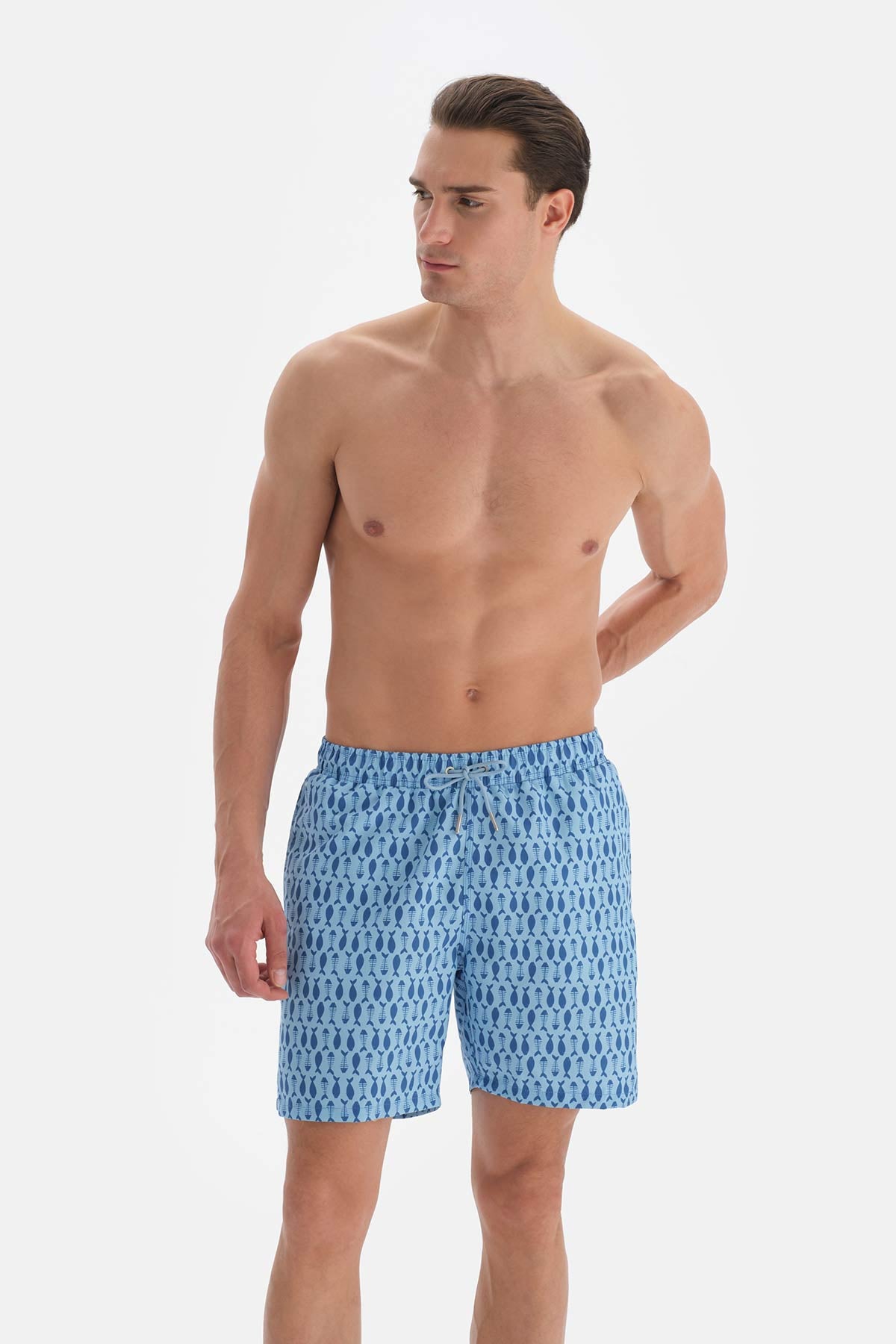 Mavi Kılçık Balık Desenli Orta Deniz Şortu