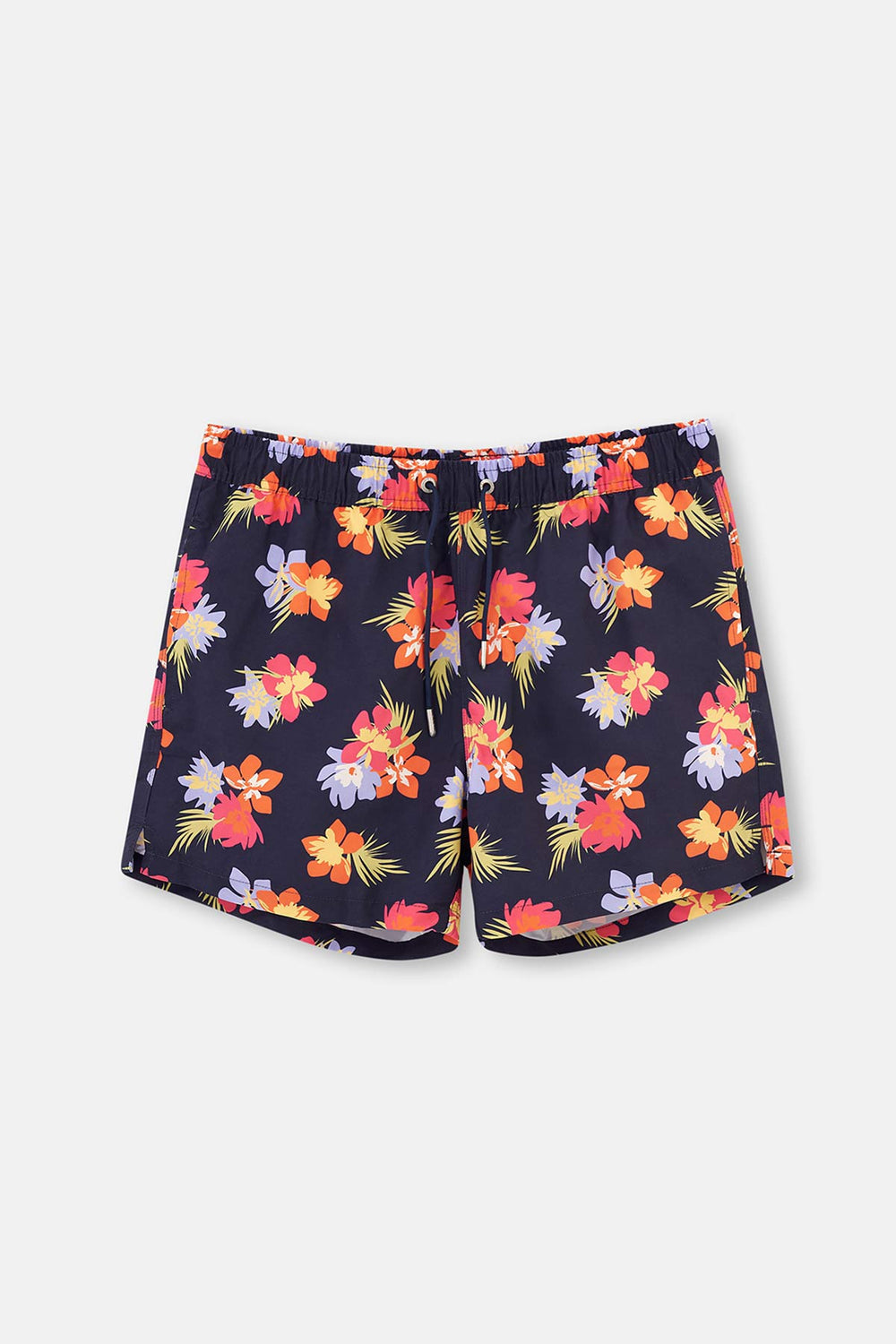 Lacivert - Pembe Çiçek Desenli Kısa Deniz Şortu