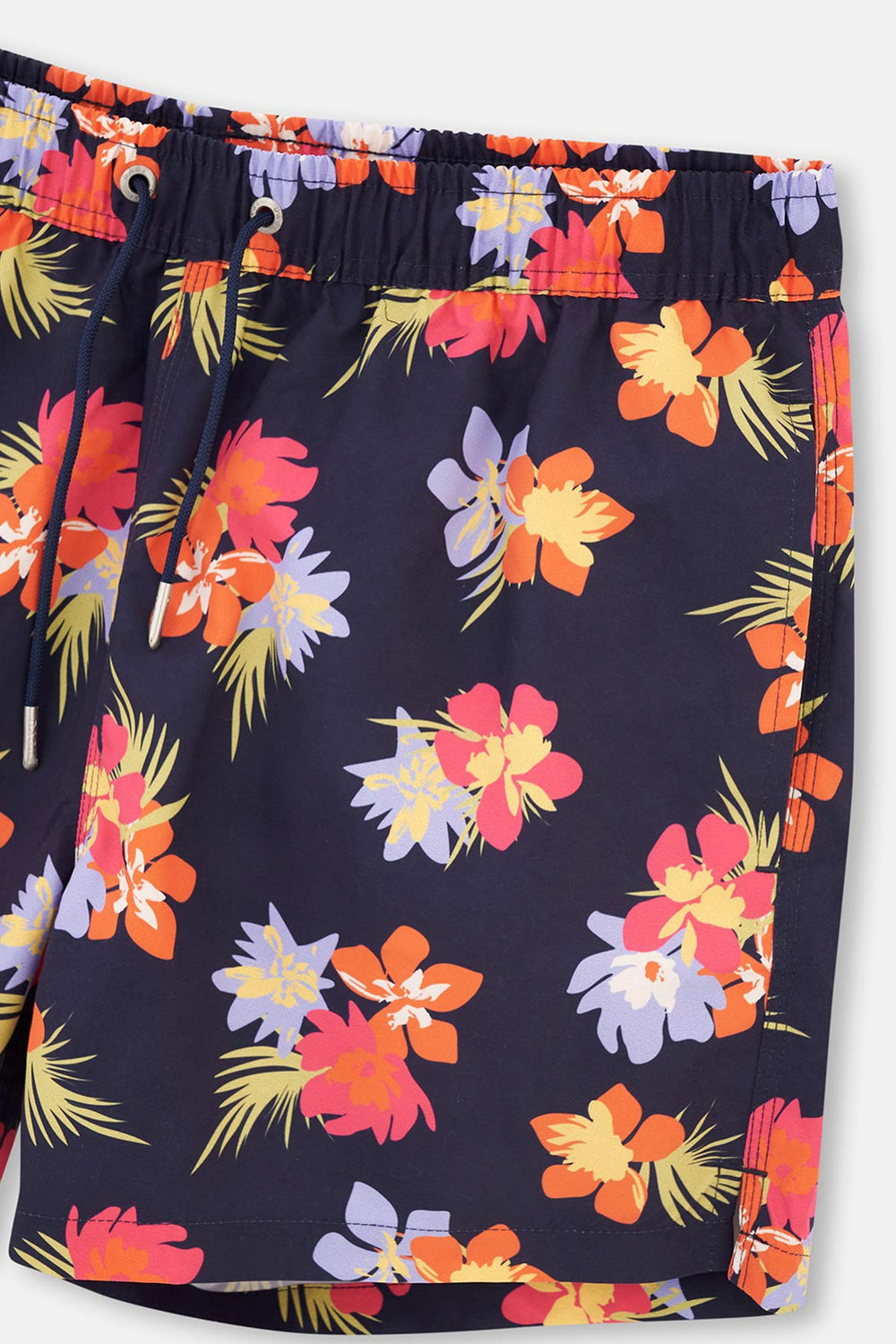 Lacivert - Pembe Çiçek Desenli Kısa Deniz Şortu