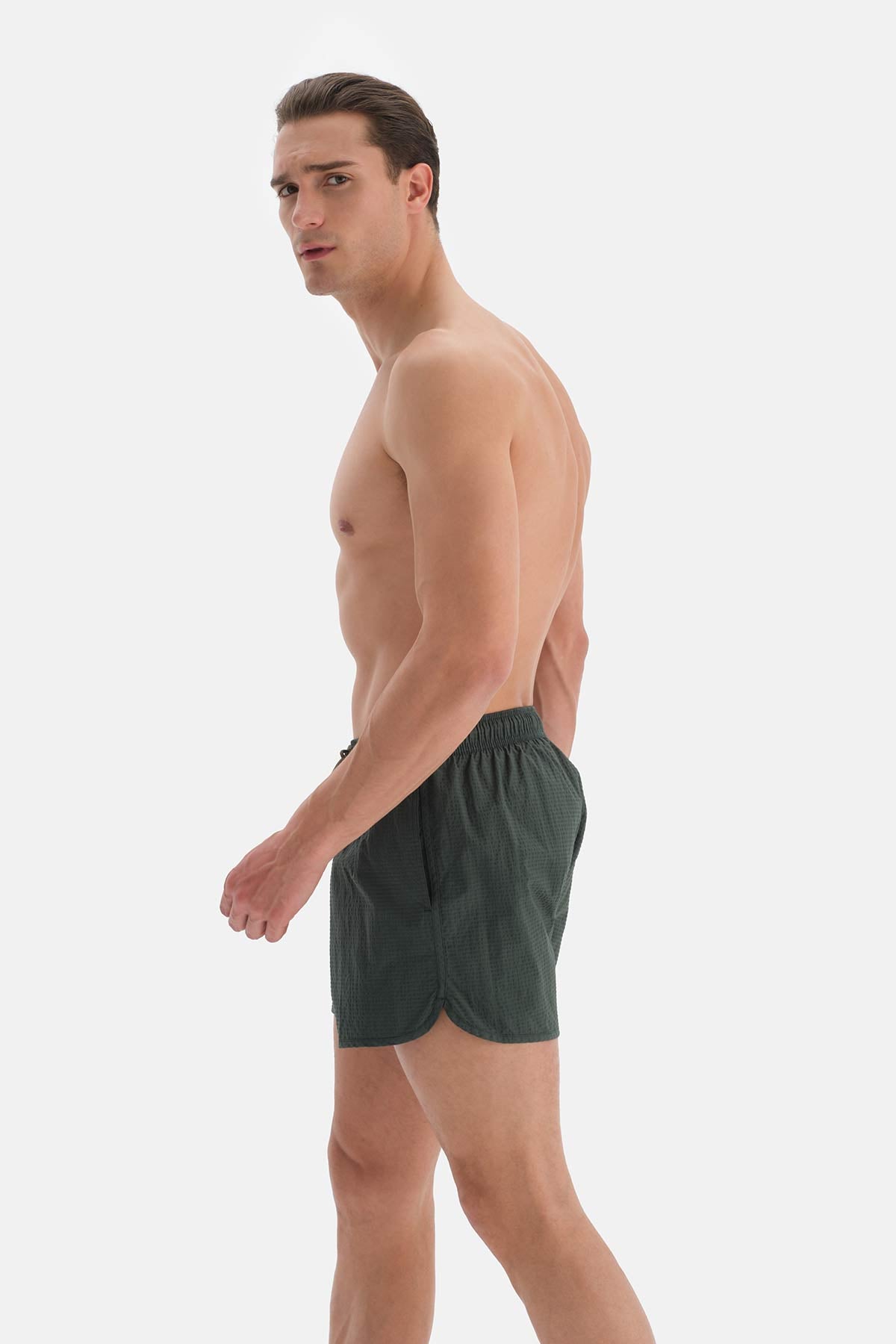 Haki Ekose Desenli Mini Deniz Şortu