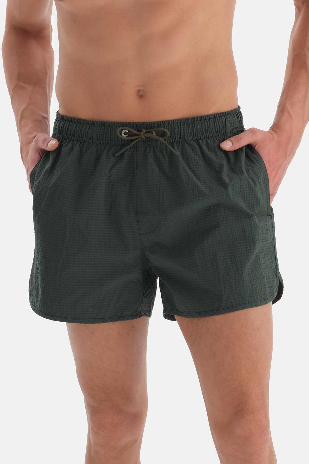 Haki Ekose Desenli Mini Deniz Şortu