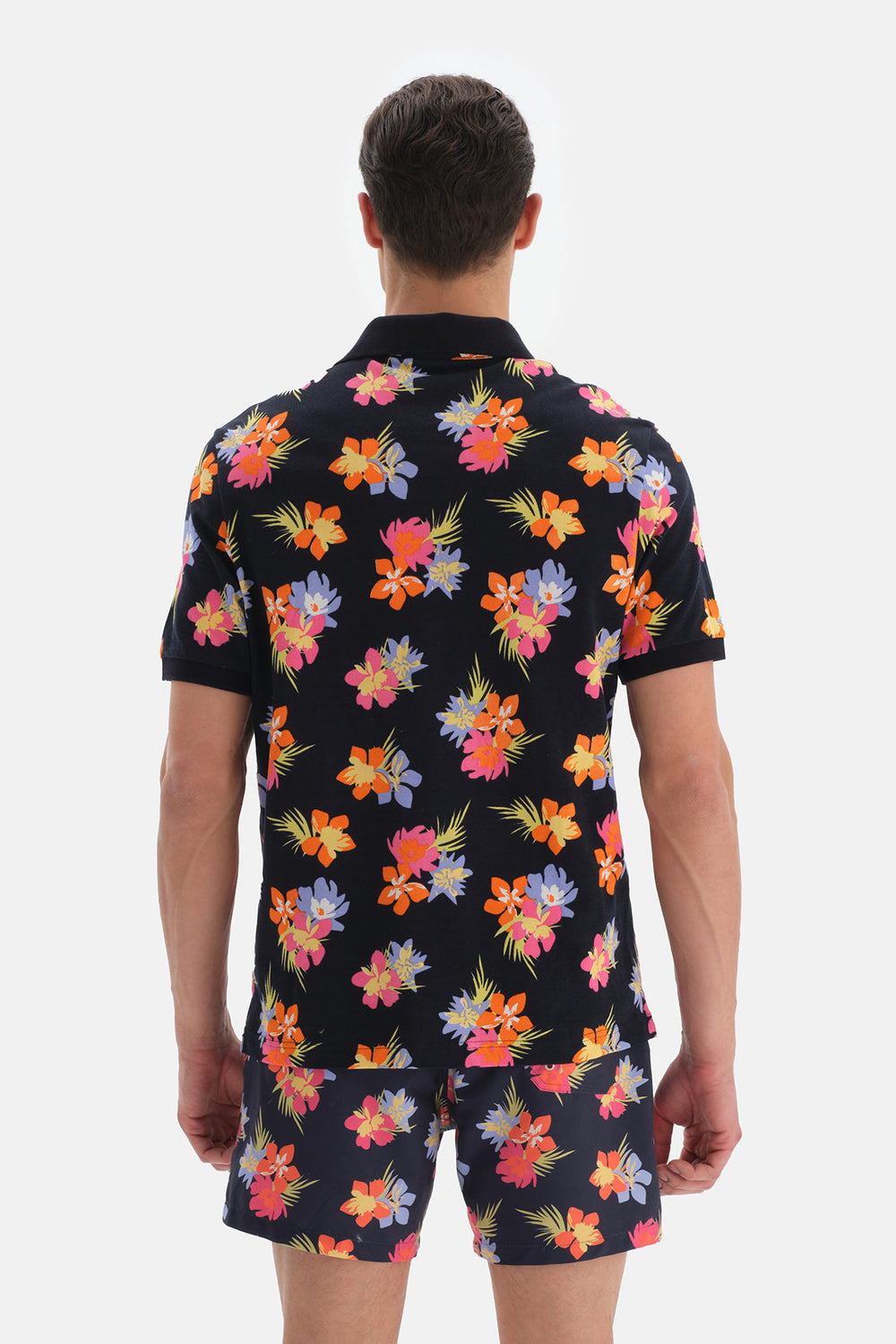 Lacivert - Pembe Çiçek Desenli Pike Polo Yaka TShirt